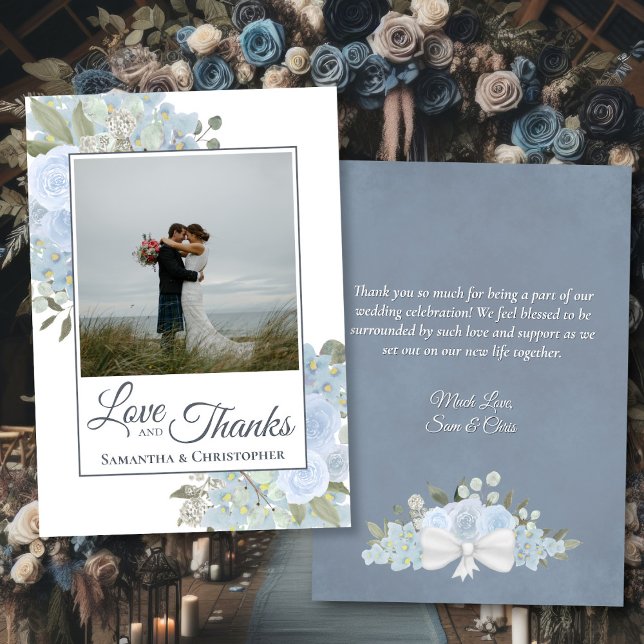 Carte De Remerciements Aquarelle bleu Dusty Floral Photo & Note Mariage (Front/Back)