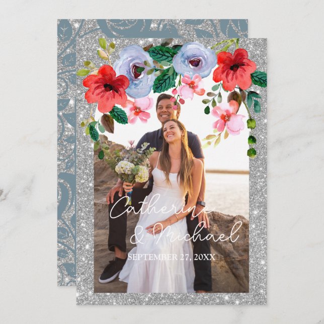 Carte De Remerciements Aquarelle bleu Dusty Parties scintillant argent Ar (Devant / Derrière)