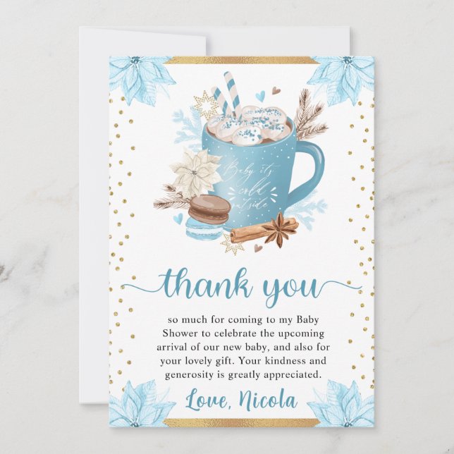 Carte De Remerciements Aquarelle Bleu Hiver Cookies et Baby shower de cac (Devant)