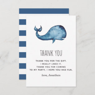Carte De Remerciements Aquarelle bleu marine jolie baleine. Anniversaire