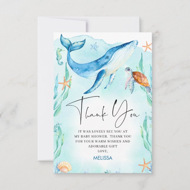 Carte De Remerciements Aquarelle Bleu Océan Sous Le Baby shower De Mer (Devant)