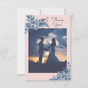 Carte De Remerciements Aquarelle bleu, rose vif, couleur Mariage floral