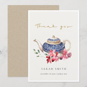 Carte De Remerciements Aquarelle bleu rouge Teapot Floral Tea Party
