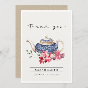 Carte De Remerciements Aquarelle bleu rouge Teapot Floral Tea Party