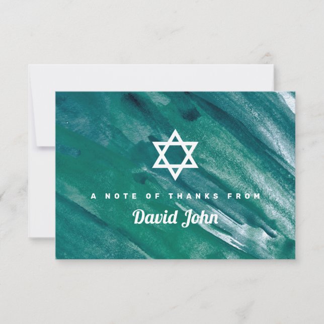 Carte De Remerciements Aquarelle bleu vert étoile de David Bar Mitzvah (Devant)