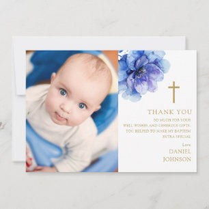 Carte De Remerciements Aquarelle bleue Fleur Photo Baptême Christening