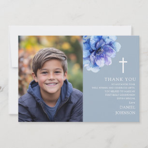 Carte De Remerciements Aquarelle bleue Fleur Photo Première Communion sai