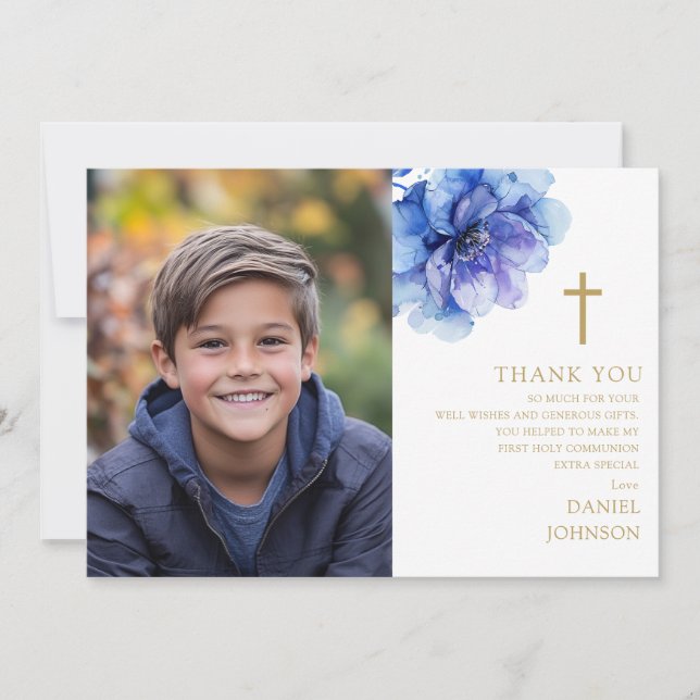 Carte De Remerciements Aquarelle bleue Fleur Photo Première Communion sai (Devant)