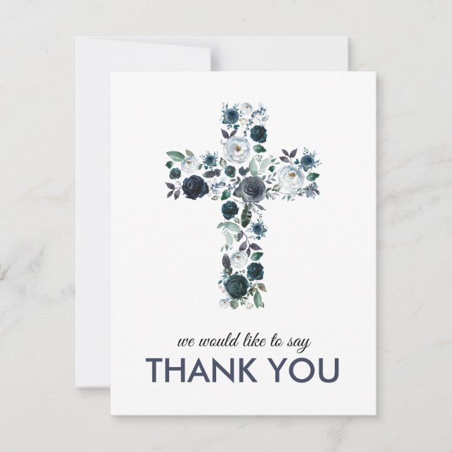 Carte De Remerciements Aquarelle bleue Floral Croix religieuse (Devant)