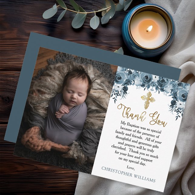 Carte De Remerciements Aquarelle bleue Floral | Faux Gold Boy Baptism (Elegant Blue Watercolor Floral Faux Gold Accents Boy Baptism Photo Thank You Flat Card)