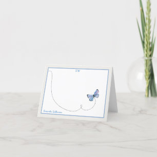 Carte De Remerciements Aquarelle bleue Papillon de vol Monogramme plié