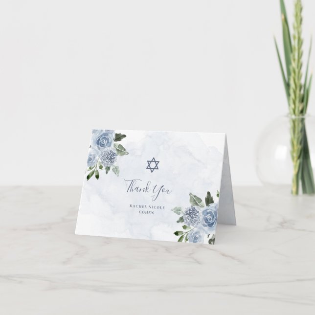 Carte De Remerciements Aquarelle Bleue Plutôt Dusty Fleurs | Bat mitzvah (Devant)
