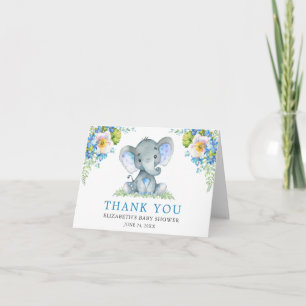 Carte De Remerciements Aquarelle Blue Floral Elephant Baby shower Note