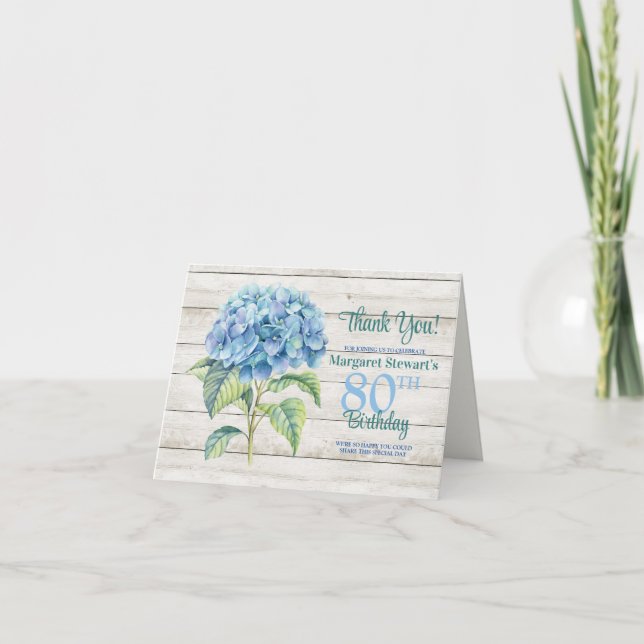Carte De Remerciements Aquarelle Blue Hydrangea 80e anniversaire (Devant)