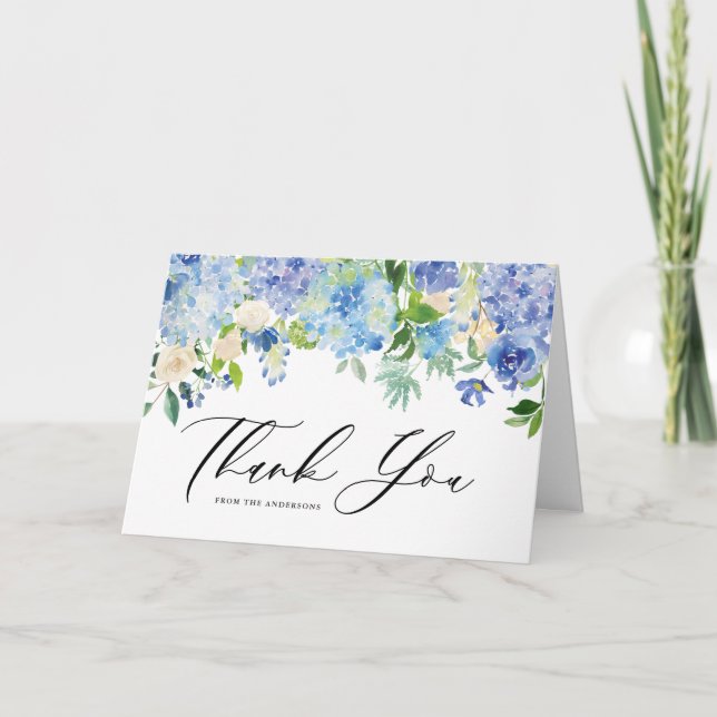 Carte De Remerciements Aquarelle Blue Hydrangea Floral Garland Mariage (Devant)