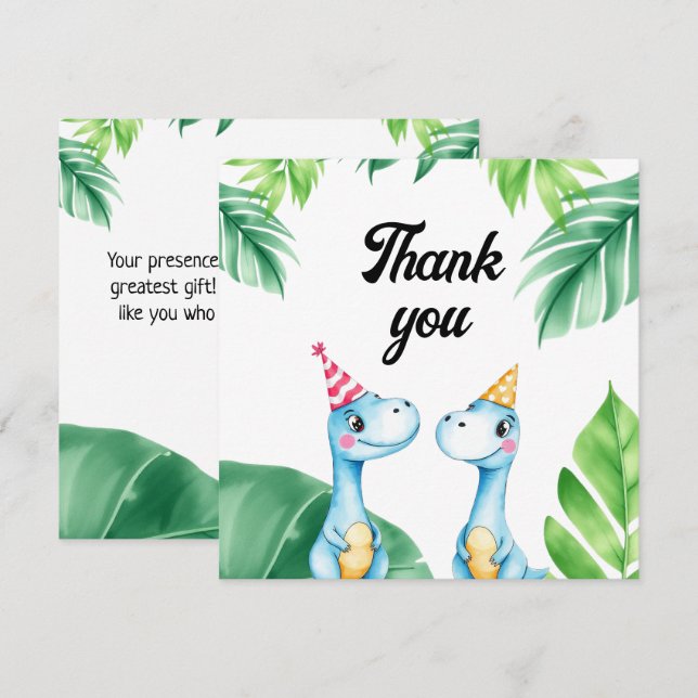 Carte De Remerciements Aquarelle Blue Trex Verdure Enfants 3e Anniversair (Devant / Derrière)
