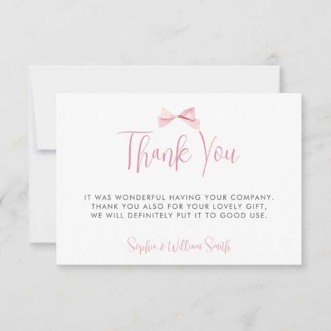 Carte De Remerciements Aquarelle Blush Pink Bow Ribbon Girl Baby shower (Devant)