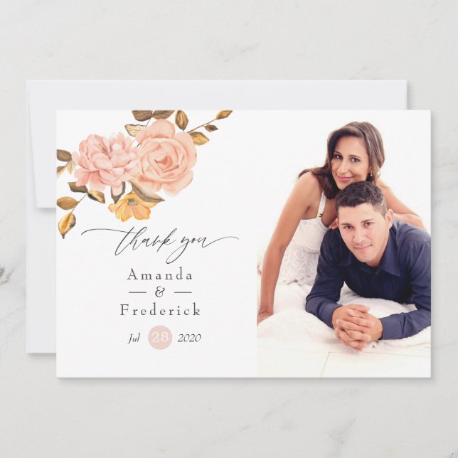 Carte De Remerciements Aquarelle Blush rose et or Mariage Floral (Devant)