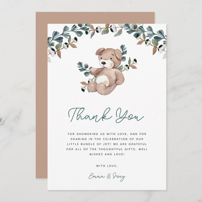 Carte De Remerciements Aquarelle Boho Teddy Bear Baby shower de verdure (Devant / Derrière)