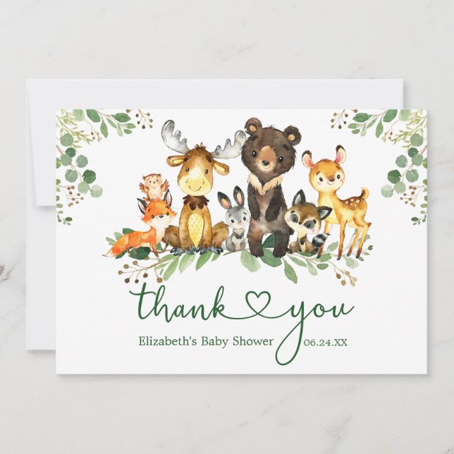 Carte De Remerciements Aquarelle Bois Animaux Baby shower Coeur (Devant)