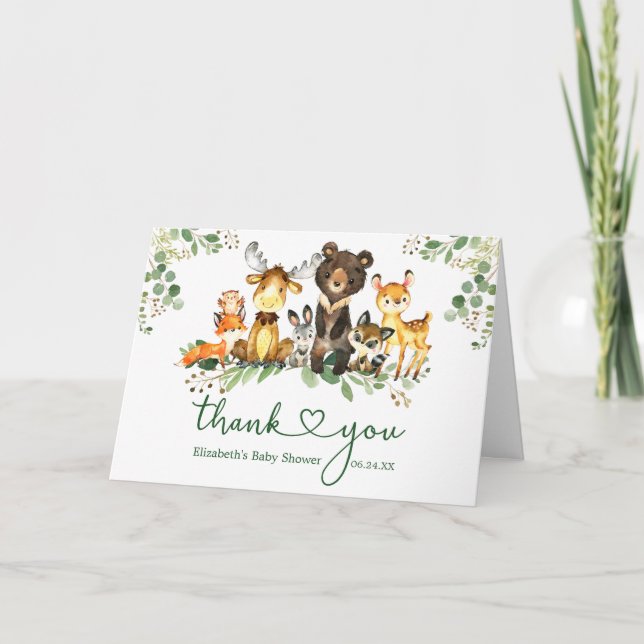 Carte De Remerciements Aquarelle Bois Animaux Baby shower Coeur Plier (Devant)