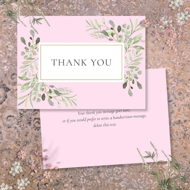 Carte De Remerciements Aquarelle botanique verdure florale rose (Botanical Watercolor Greenery Floral Pink Thank You Card)