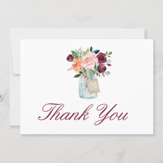 Carte De Remerciements Aquarelle Bourgogne Marsala Fleurs Mason Jar