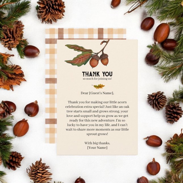 Carte De Remerciements Aquarelle Brown Plaid Fall Acorn Baby shower (Créateur téléchargé)