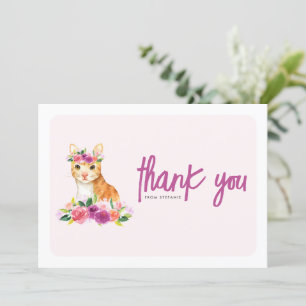 Carte De Remerciements Aquarelle Chat orange et Floral violet Anniversair