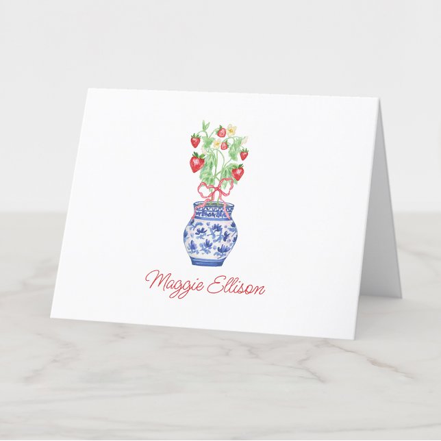 Carte De Remerciements Aquarelle Chinoiserie Vase de fraises rouges (Créateur téléchargé)