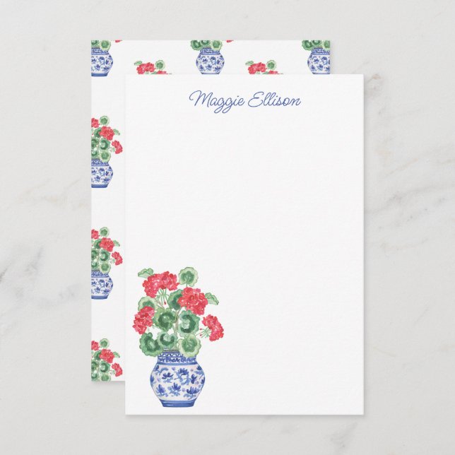 Carte De Remerciements Aquarelle Chinoiserie Vase des Geraniums rouges (Devant / Derrière)