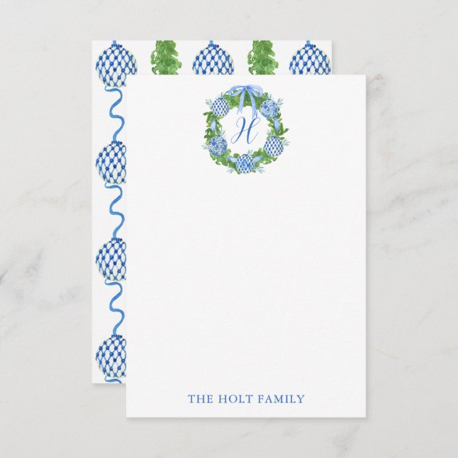 Carte De Remerciements Aquarelle Chinoiserie Wreath Monogramme Noël (Devant / Derrière)