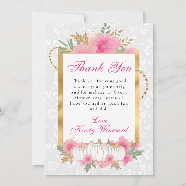 Carte De Remerciements Aquarelle Chute rose or Citrouille Floral Sweet 16 (Devant)