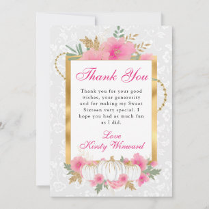 Carte De Remerciements Aquarelle Chute rose or Citrouille Floral Sweet 16