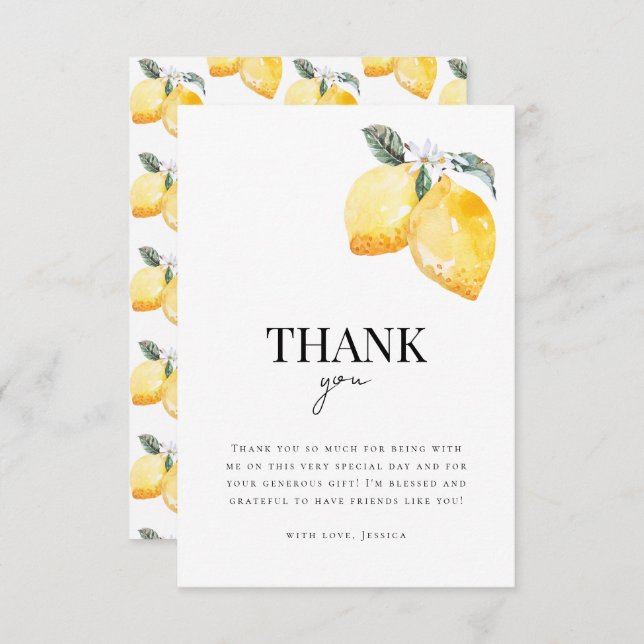 Carte De Remerciements Aquarelle Citron Floral Fête des mariées Citrus (Devant / Derrière)