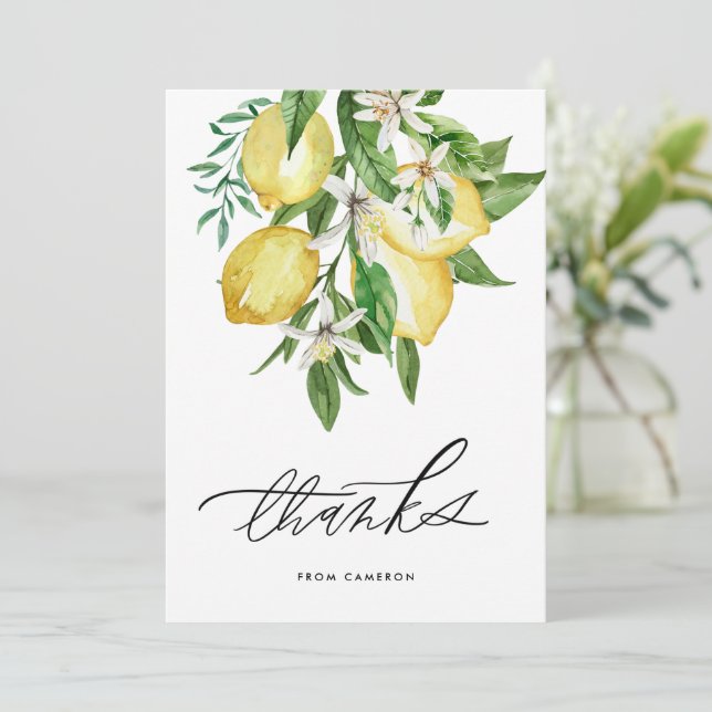 Carte De Remerciements Aquarelle Citrons et fleurs Fête d'anniversaire (Debout devant)