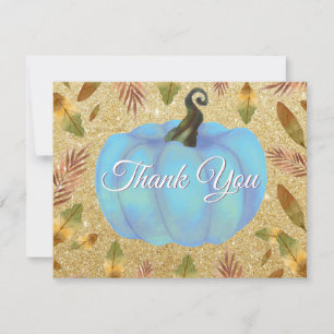 Carte De Remerciements Aquarelle Citrouille Automne Or Paillettes Bleu