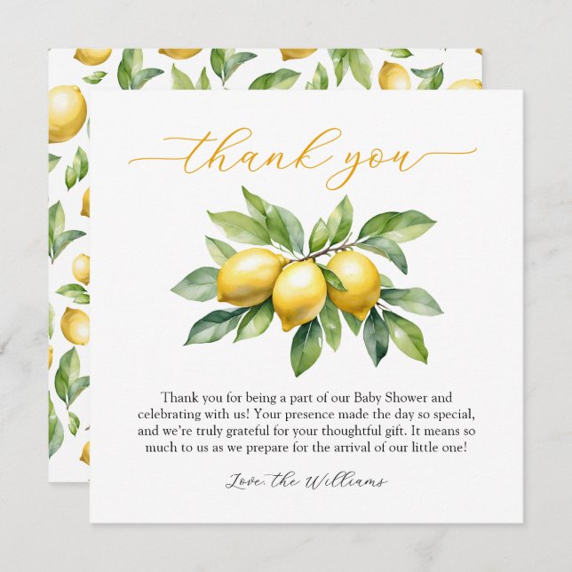 Carte De Remerciements Aquarelle Citrus Lemon Baby shower (Devant / Derrière)