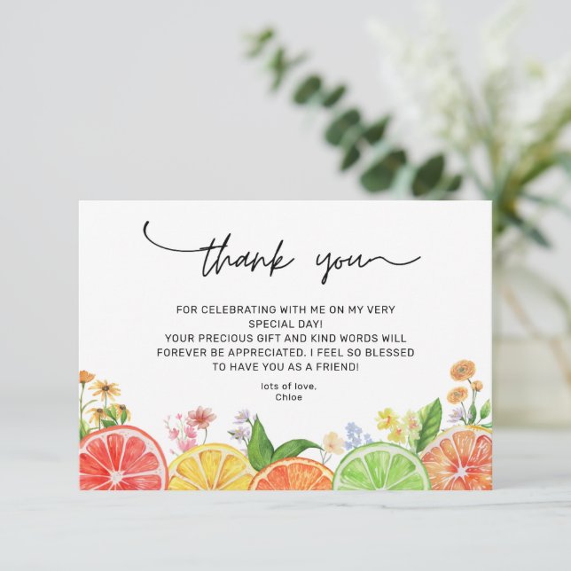 Carte De Remerciements Aquarelle Citrus Little Cutie Baby shower (Debout devant)