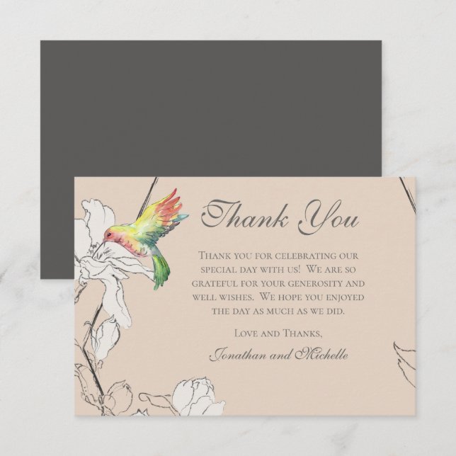 Carte De Remerciements Aquarelle Colibri Floral Mariage géométrique (Devant / Derrière)