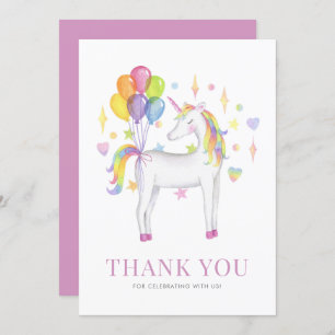 Carte De Remerciements Aquarelle coloré Rainbow Unicorn Anniversaire de e