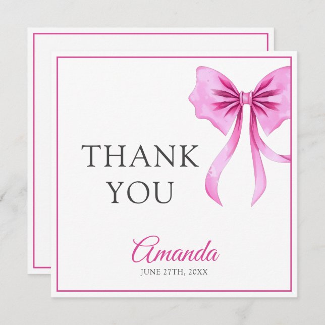 Carte De Remerciements Aquarelle Coquette Rose Bow Sweet 16 Anniversaire (Devant / Derrière)