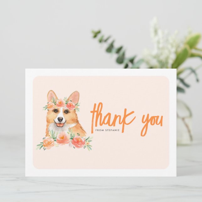 Carte De Remerciements Aquarelle Corgi et Fleurs de Pêche Anniversaire (Debout devant)