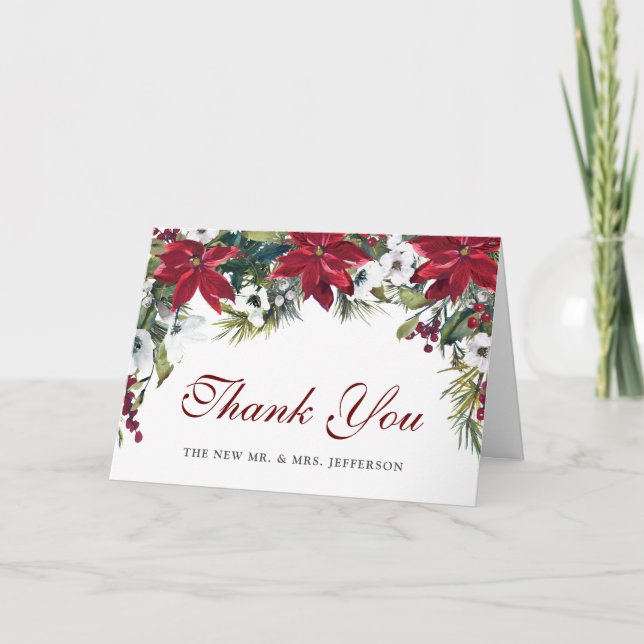 Carte De Remerciements Aquarelle de Noël Florale Rouge Poinsettia (Devant)