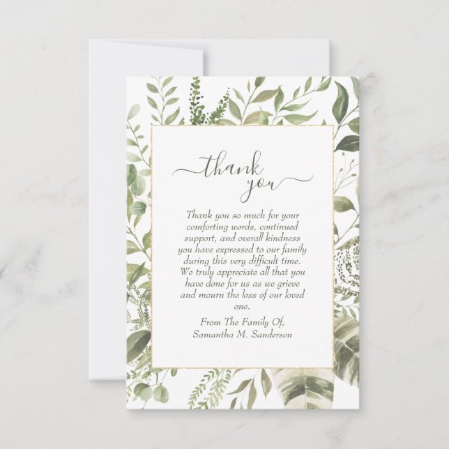 Carte De Remerciements Aquarelle de verdure funéraire en mémoire d'amour (Devant)