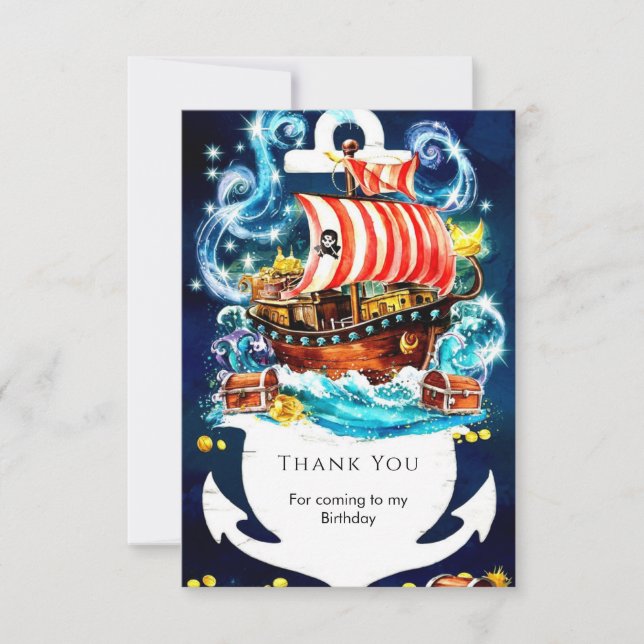 Carte De Remerciements Aquarelle enchantée bateau Pirate Anniversaire (Devant)