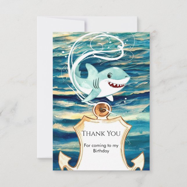 Carte De Remerciements Aquarelle Enfant's Fun Shark Anniversaire (Devant)