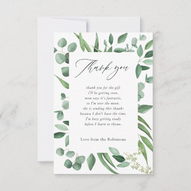 Carte De Remerciements Aquarelle Eucalyptus Baby shower vert (Devant)
