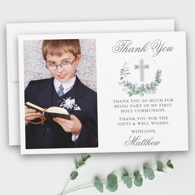 Carte De Remerciements Aquarelle Eucalyptus Première Communion Argent (Customize to add text or more photos to back of card.)
