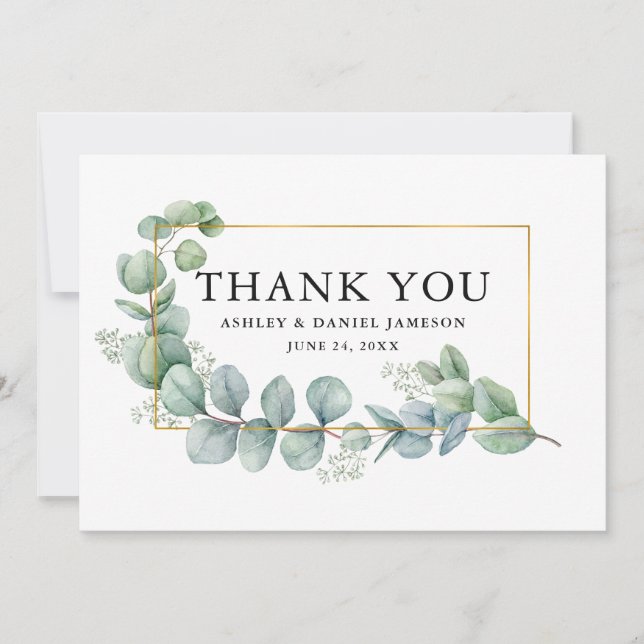 Carte De Remerciements Aquarelle Eucalyptus Verdure Mariage Gold Frame (Devant)